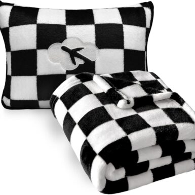 Travel Blanket and Pillow Compact, Premium Soft 2 in 1 Airplane Blanket with Soft Bag Pillowcase,Hand Luggage Sleeve and Backpack Clip (Checkered Black)